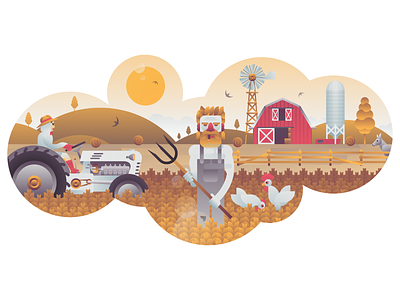 The Golden Farm animals farm field gold illustration illustrator miguelcm tractor wheat windmill
