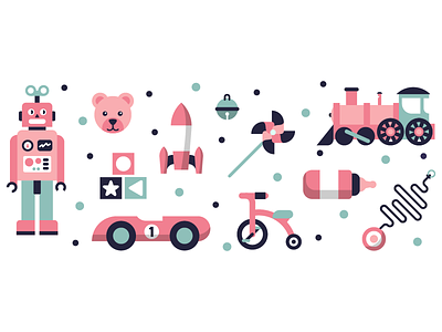 Toys baby bear car illustration illustrator miguelcm robot rocket sleighbell toys yoyo