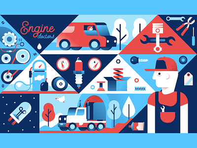Engine Doctors character engine illustration illustrator miguelcm repair tools truck van workshop