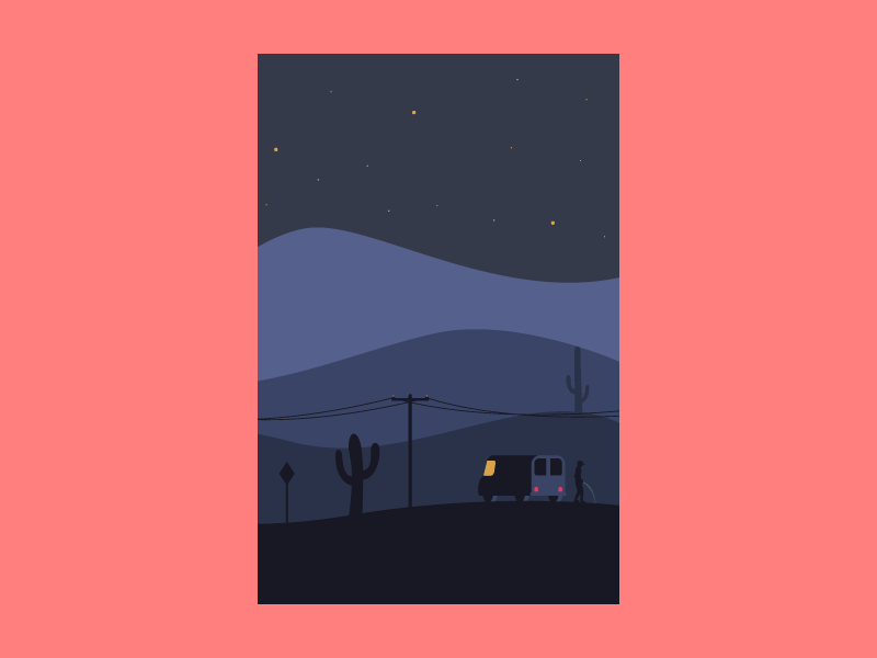 Technical stop cactus desert illustration landscape man miguelcm night road scene simple van