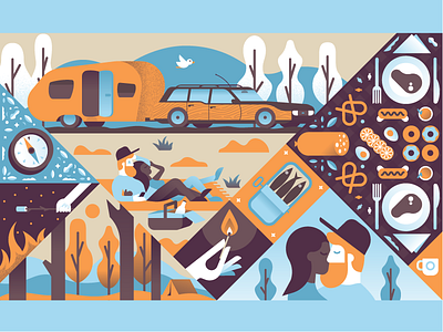 Picnic car caravan field food forest illustration illustrator marshmallow miguelcm people picnic trees