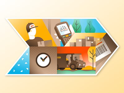 Stressed courier driver arrow box character collage flat illustration illustrator miguelcm scene stress vehicle work