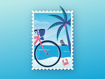 Beach Stamp beach bicycle crab illustration illustrator landscape miguelcm palm retrosupply scene sea stamp