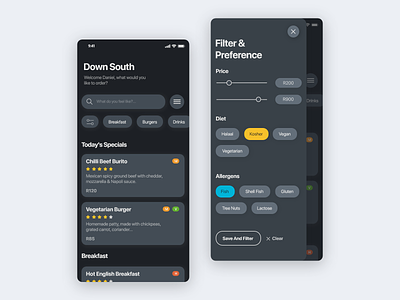 Virtual Menu App - Dark app design dark dark menu cards dark search bar dark theme darkmode darkui filter design filter system menu cards meuapplication mobile menu app search bar ui design ui filter system ui filters user interface