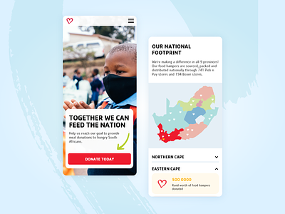 Charity Website Mobile UI | Feed The Nation accordian accordion accordion design charity cta donation website feed the bation friendly web design mobile design mobile hero page mobile ui mobile website pick n pay