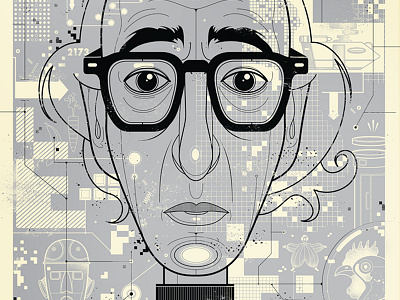 Woody character digital future geometric glasses illustration portrait poster rooster robot sci fi screen print silver sleeper space woody allen