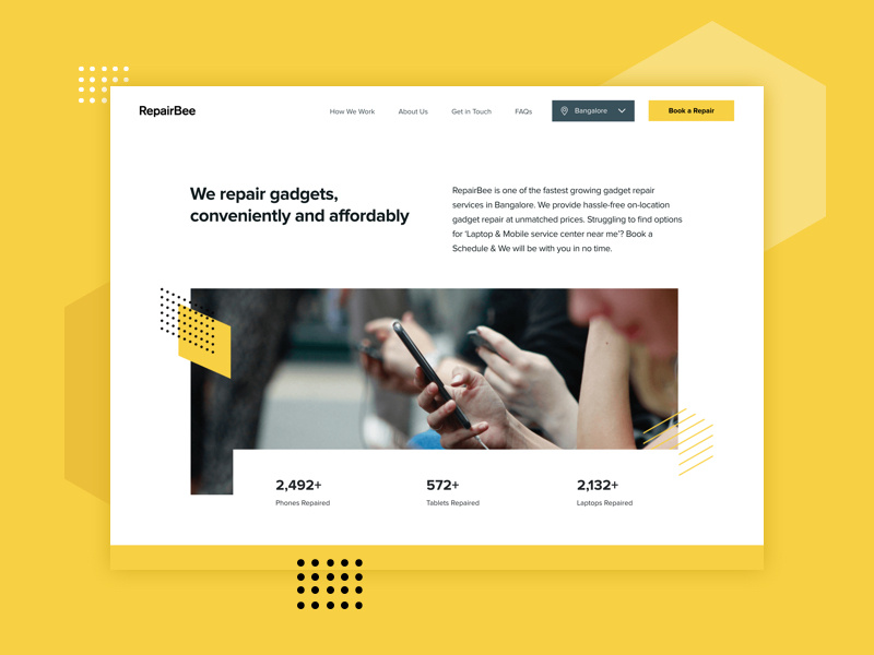 RepairBee Website website insect buzz bee yellow ux technicians tech mobile fix repair ui