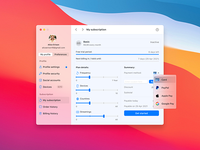 Manage my subscription concept (MacOS) app design ui ux