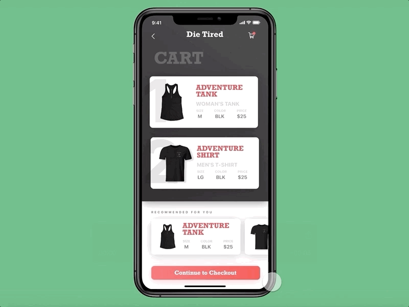 Die Tired - Clothing App Checkout app checkout page dailyui 002 interaction animation invision studio mobile app design shopping app ui uidesigner userinterface ux uxdesigner