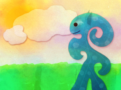Creature ampersand blue clouds creature green purple yellow