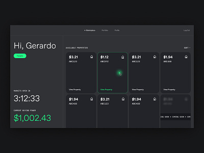 Finance Concept – Dark Mode cards clean ui dark mode dashboard fintech neon green outline simple ui type