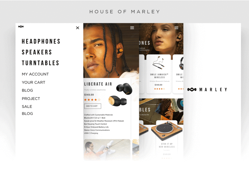 House of Marley Mobile app UI animation app branding clean design minimal ui ux web website