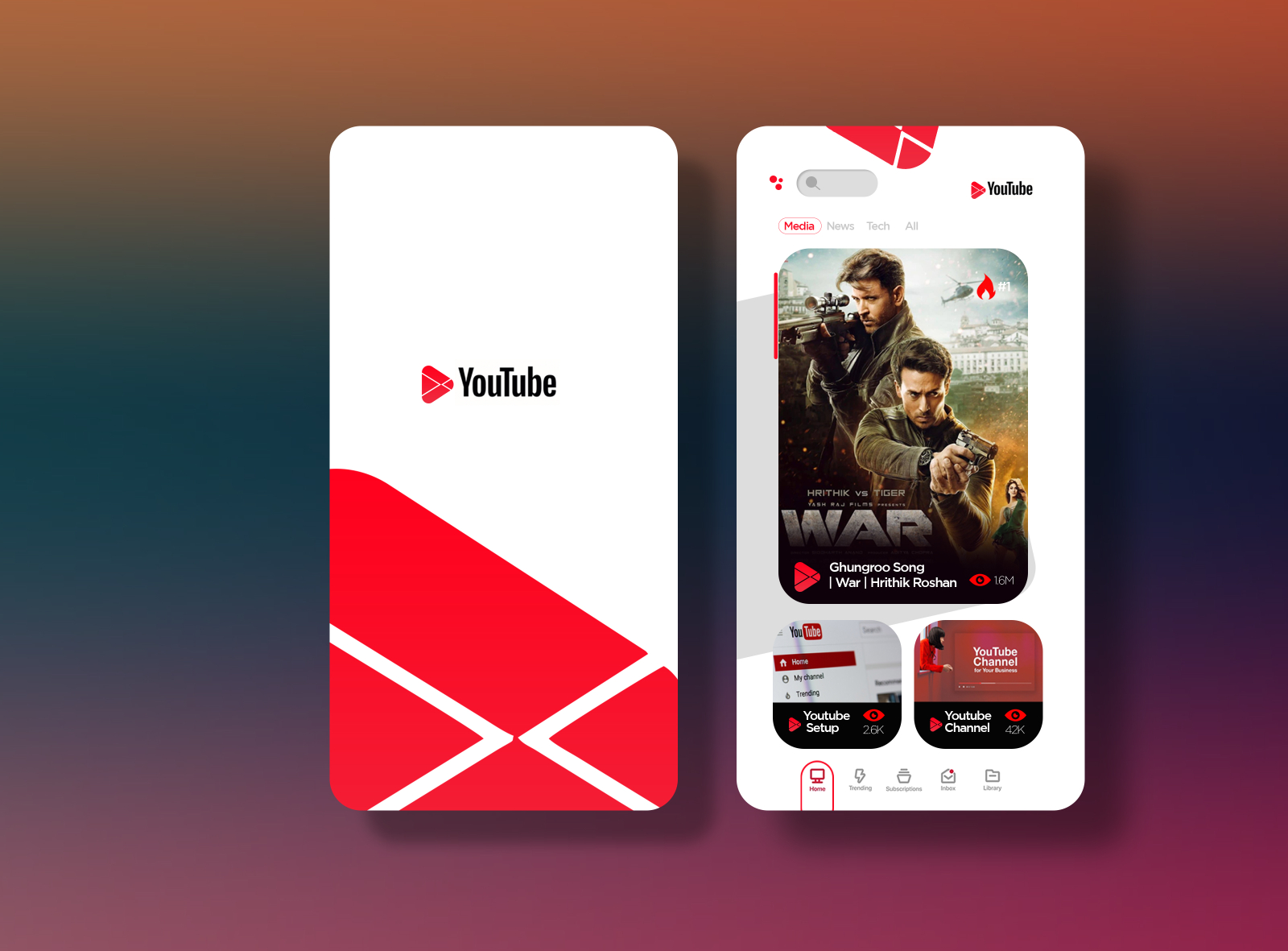 Youtube app. Youtube Flat UI. Пример патриотичного дизайна приложения. Youtube app interface.