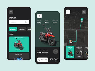 Rentabike - A Motorbike Rental App apps branding dark mode flat minimal mobile modern motor rental motorbike rental rental app sleek ui ux