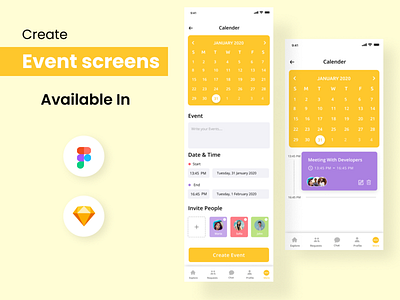 Create Event App screens app calender date event figma invite ios people time