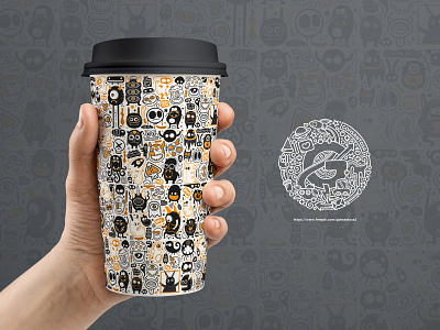 Coffee Paper Glass with Monsters Doodle Pattern