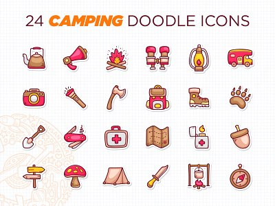 Camping Sticker Icons Doodle Coloring Vector adventure branding camping cute design doodle doodle art gohsantosa icon icons illustration vector