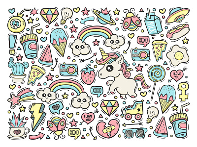 My Unicorn World White Background background camera coffee cute design diamond doodle doodle art gohsantosa icon illustration love milk pizza rainbow strawberry ufo unicorn vector xoxo