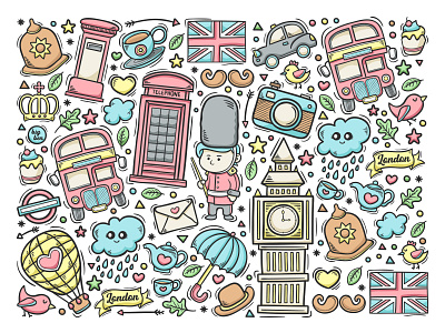 London England Hand Drawn Doodle Colorful Vector airballoon architecture background big ben cartoon clock collection doodle england gohsantosa graphic great britain illustration pattern retro royal united kingdom wallpaper