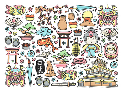 Japan England Hand Drawn Doodle Colorful Vector