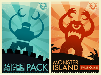 Ratchet and Monster Island Posters blue game art island monster orange poster robot vintage inspired