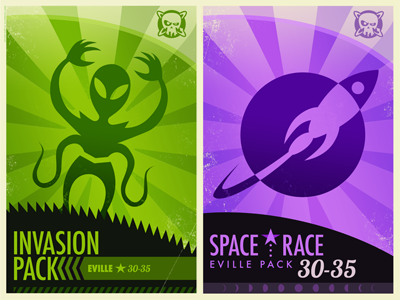 Invasion and Space Race alien game art green purple rocket vintage inspired