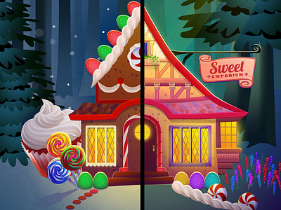 Sweet Emporium game art gingerbread house illustration