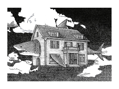 Flying house shark argentina blanckandwhite character art characterdesign comicart draw emiliano raspante emilianoraspante house illustration illustration art ink wash pen art shark