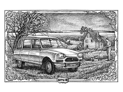 Citroen AMI 8 ami8 blanckandwhite car character art characterdesign citroen comicart draw illustration illustration art