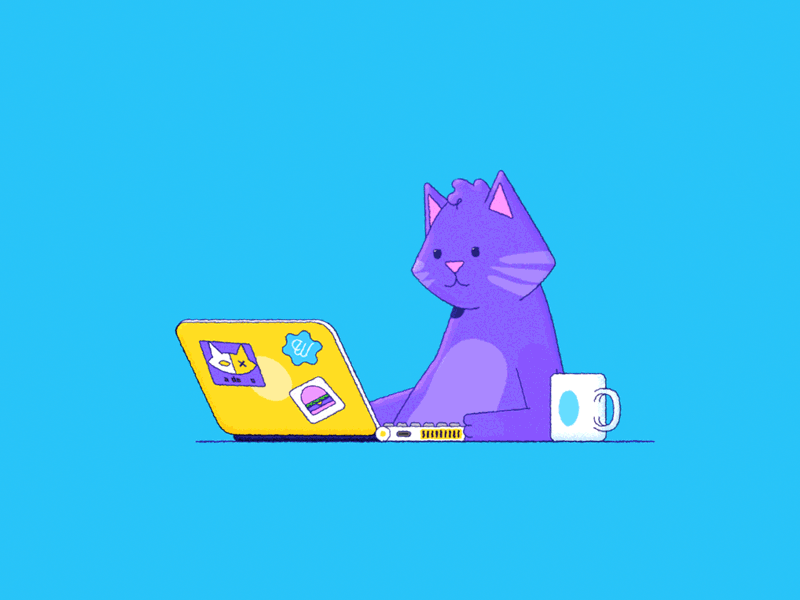Hungry cat sees an ad aftereffects animation blue cat character character animation flat hungry illustration laptop motion wtf