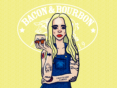 Bourbon Babe advertisement alcohol babe bacon bourbon character illustration line line art social media graphics tattoos whiskey