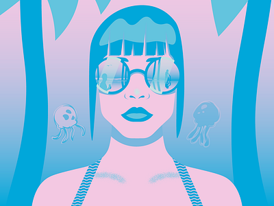 Summer Bangs babe bangs blue character illustration jellyfish minimal pink pop art reflection summer sunglasses woman