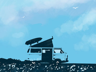 Van Life blue camper campervan digital painting illustration minimal negative space pop art van van life