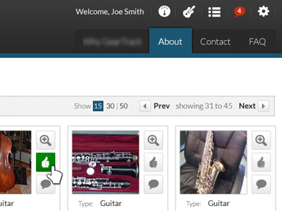 Search interface messages music equipment notifications pagination rank thumbnail view