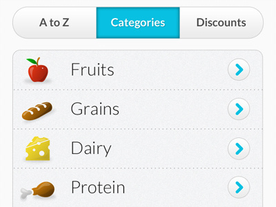 Healthy Food Options category list dairy food fruit grains icons mobile site protein toggle menu