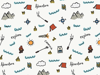 Adventure Camping Pattern backpack camping cloud explore fire grass hiking map marshmallows mountains pattern surface design surface pattern water