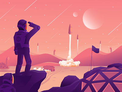 Mars Colonization astronauts colony design flat illustration illustrator landscapes mark mars minimal rocket vector website