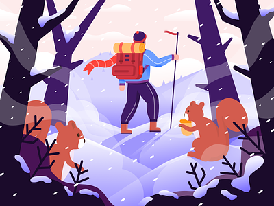 A Winter Expedition animal backpack cold design expedition flat holiday illustration illustrator season snow squirrels travel tree vector website winter