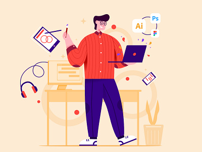 Live as a Creative designer branding character creative design desk flat glasses human illustration illustrator laptop life minimal people vector website work