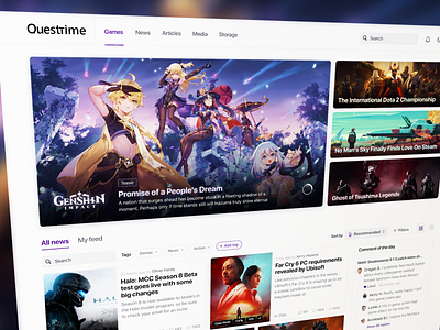 QuestTime — Gaming News and Media Portal 3d banner blog clean concept design games gui illustration interface minimal portal portfolio ui update ux uxui white whitepaper