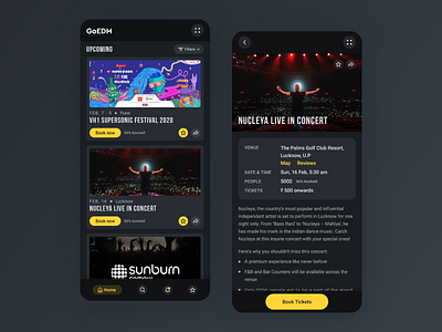 EDM event booking app #3 app app design booking cards clean concept concert dark theme dark ui edm event mobile mobile app music ui ux