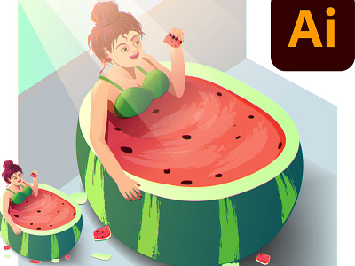 Girl Watermelon bath isometric vector art step by step guide