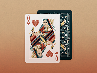 Queen of Hearts aviary bicycle birds cardinal cards feather floral hearts illustration illustrator playing cards queen queen of hearts texture vector