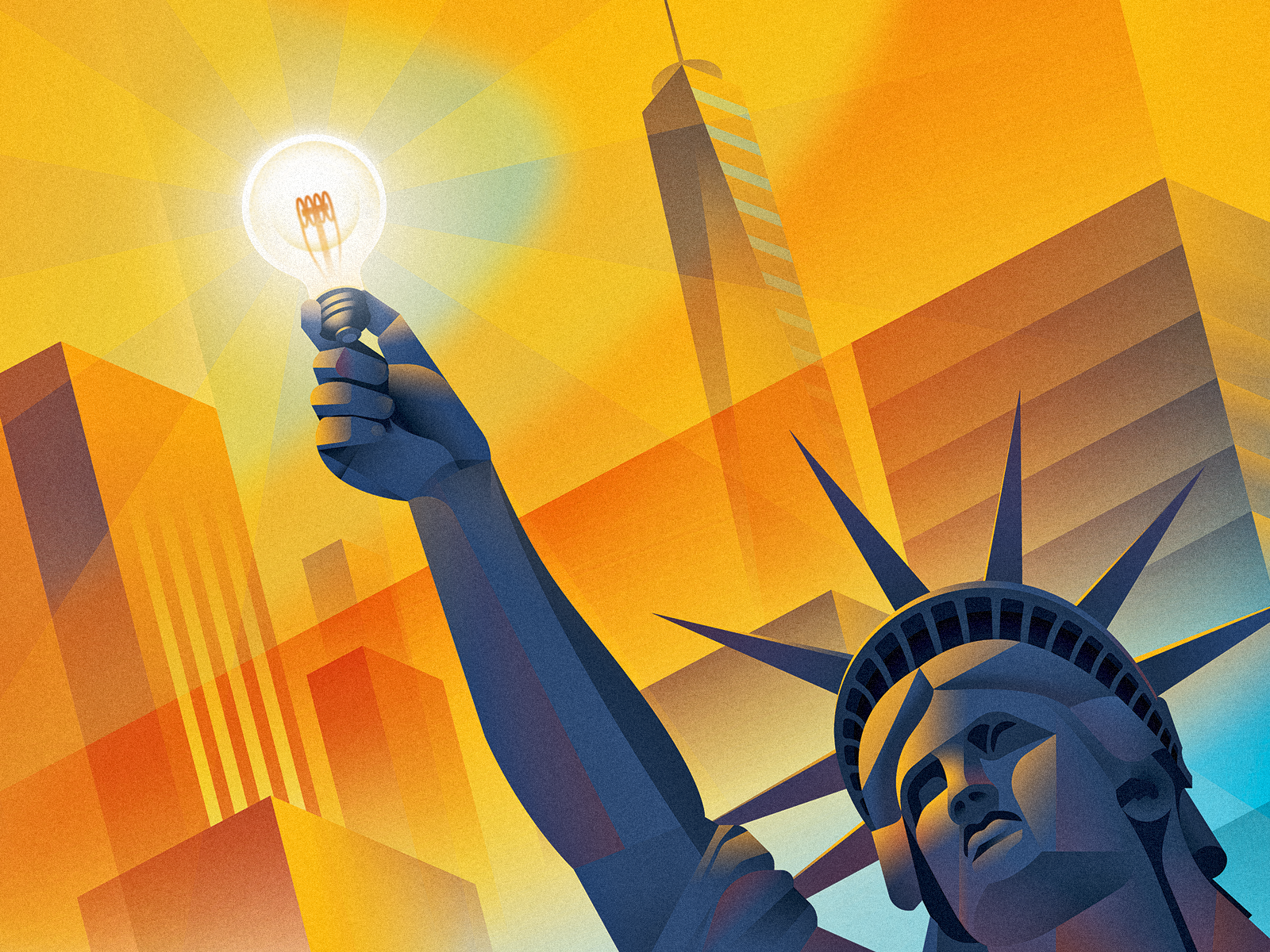 Long Live the International Entrepreneur Rule art deco blue empire entrepreneur government illustration illustrator immigration innovation light bulb new york orange photoshop progressive public policy statute of liberty world trade center