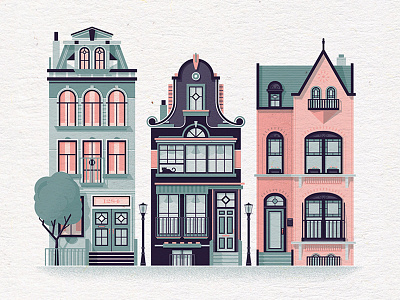 Row Houses #2 architecture green illustration pink print rowhouse san francisco vector victorian