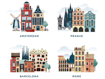 Illustrated Cities of Europe amsterdam architecture barcelona city europe illustration prague rome vector