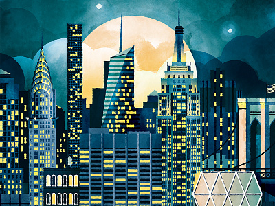 NYC @ Night city illustration illustrator moon new york night nyc skyline skyscraper sunset vector watercolor