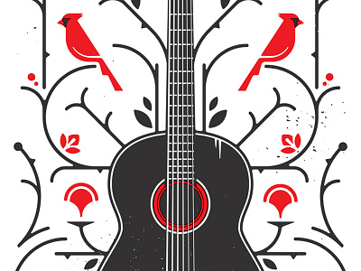 Guitar / Flowers / Birds bird cardinal flower folk art guitar illustration music print rose vector