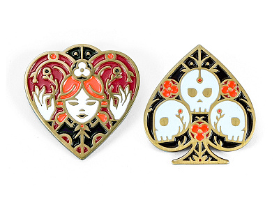 Queen & Ace Enamel Pins ace card crown death enamel pin flower heart illustration love poppy queen skull