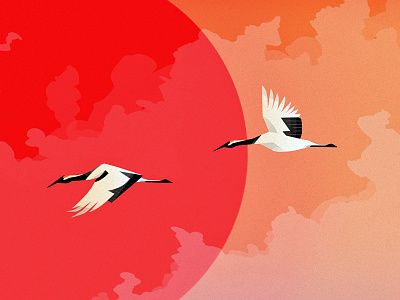 Red-Crowned Cranes bird clouds crane flying illustration ipad pro nature procreate sky sunset wings